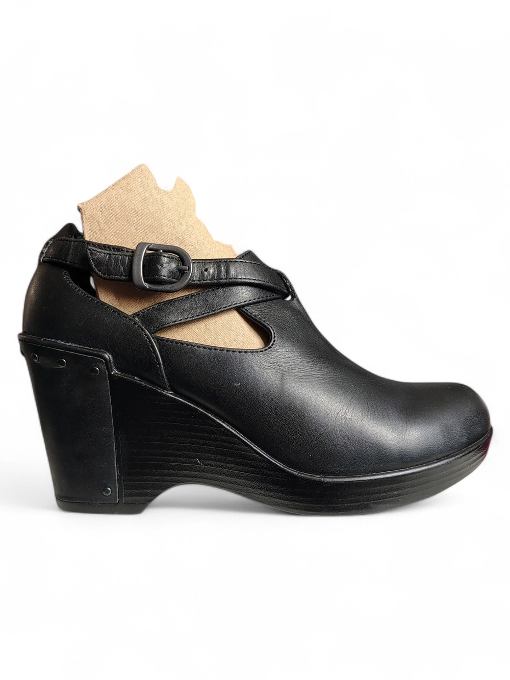 Dansko Franka Women's Black Leather Buckle Ankle Wedge Clog Bootie Size 36 US 6